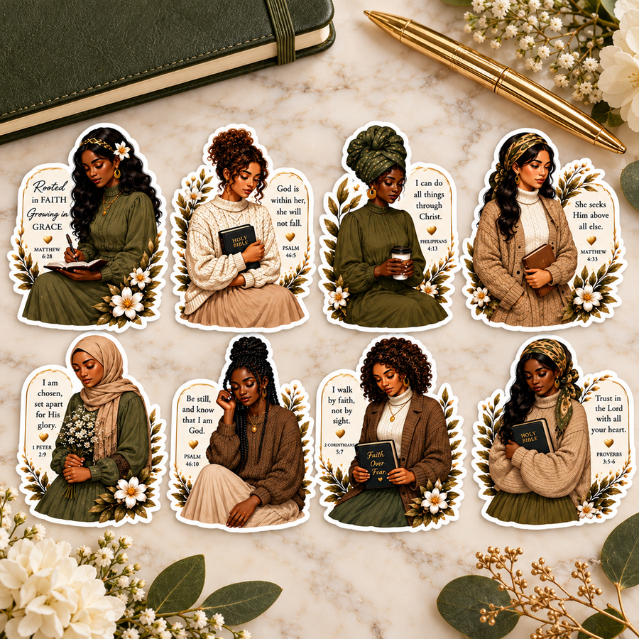 Eight Faithful Women Christian stickers styled with an olive journal, gold pen and cream flowers on ivory marble