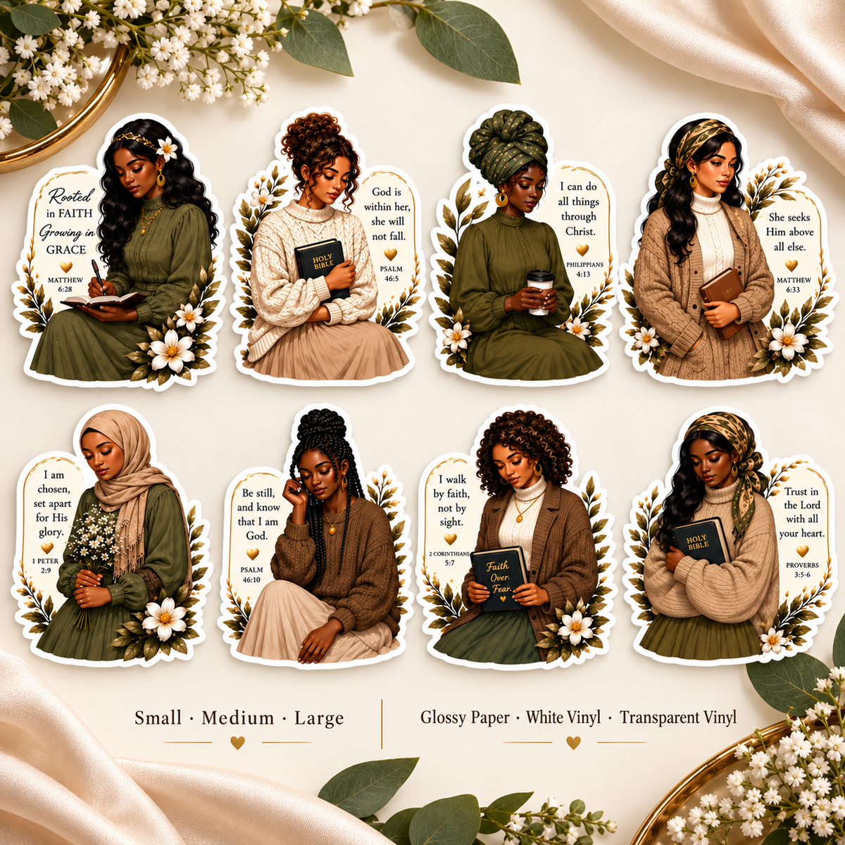 Faithful Women eight-sticker set with Small, Medium and Large sizes and Glossy Paper, White Vinyl and Transparent Vinyl options
