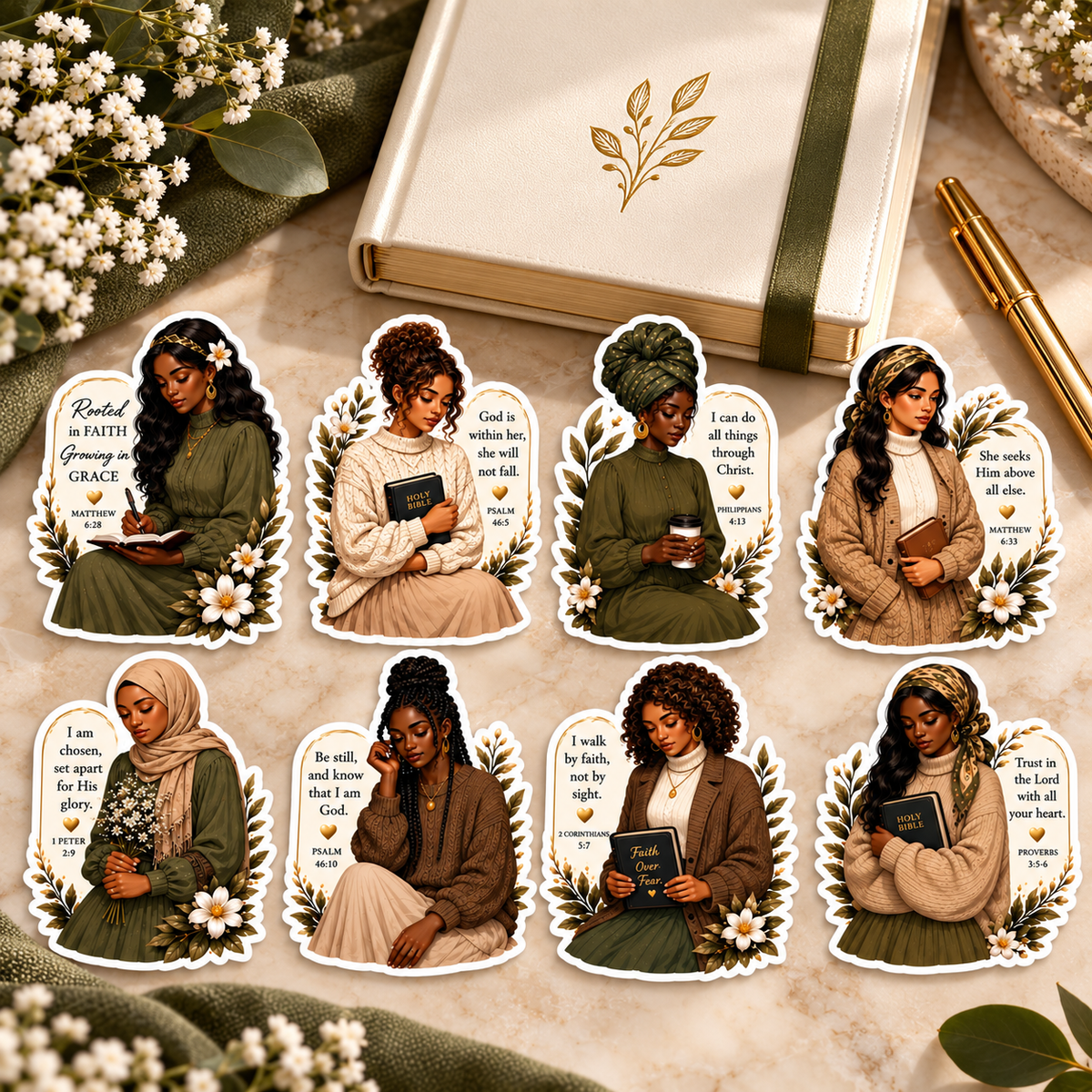 Faithful Women eight-sticker set beside a cream journal, olive ribbon and gold pen