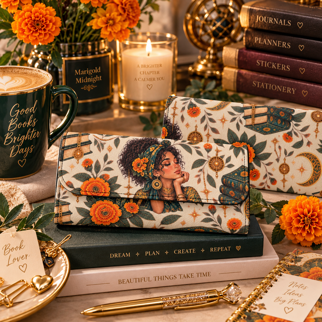 Marigold Midnight – Bohemian Bookish Muse RFID Trifold Leather Wallet