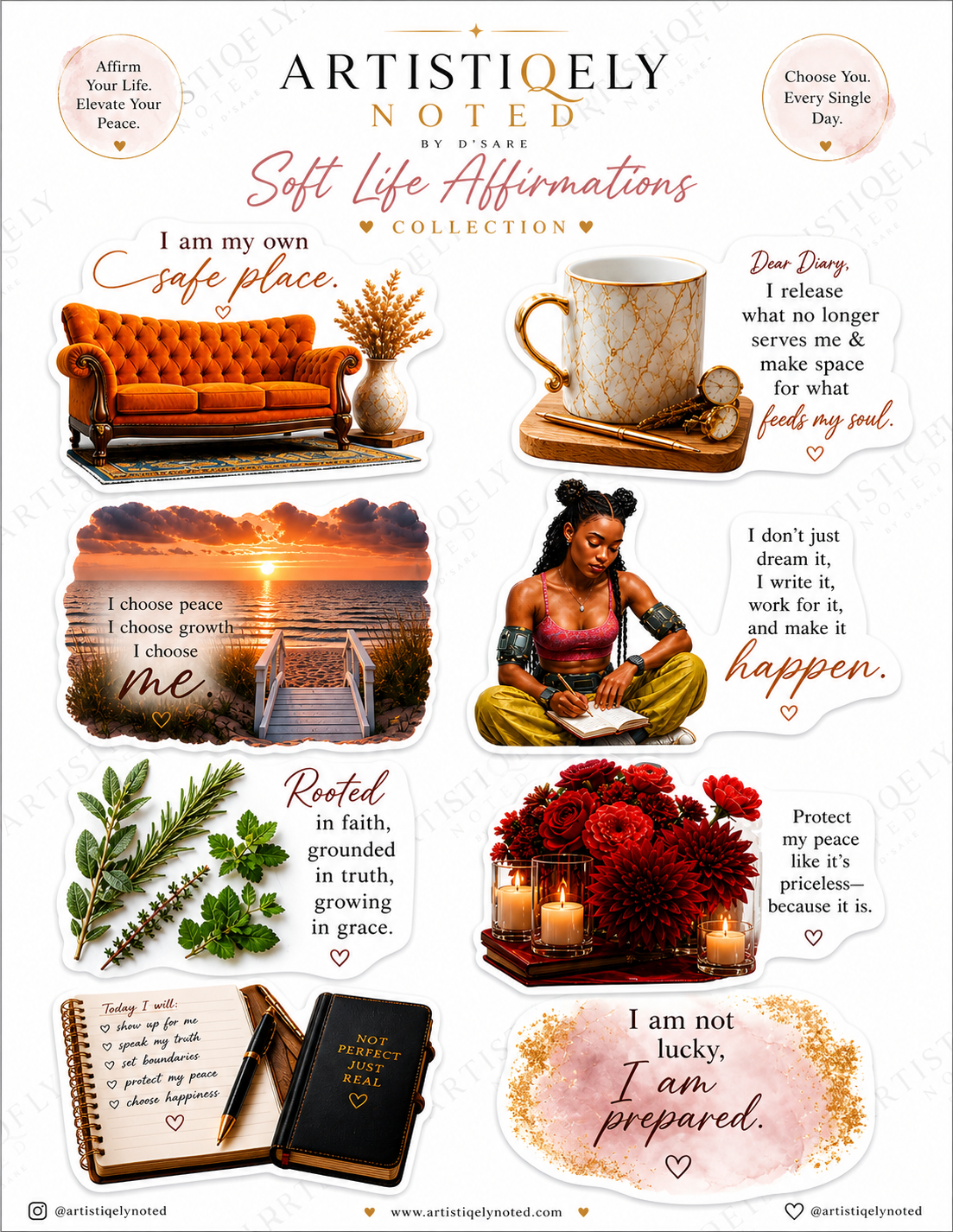 Black woman journaling with Artistiqely Noted by D'Sare soft life affirmations sticker sheet featuring uplifting quotes and designs.
