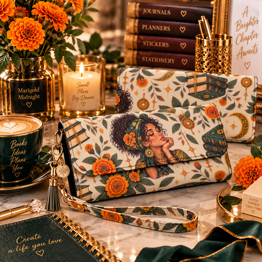 Marigold Midnight – Bohemian Bookish Muse RFID Trifold Leather Wallet