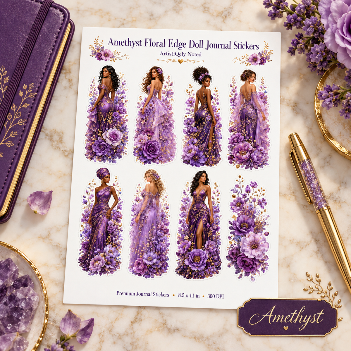 Amethyst purple floral doll journal sticker sheet