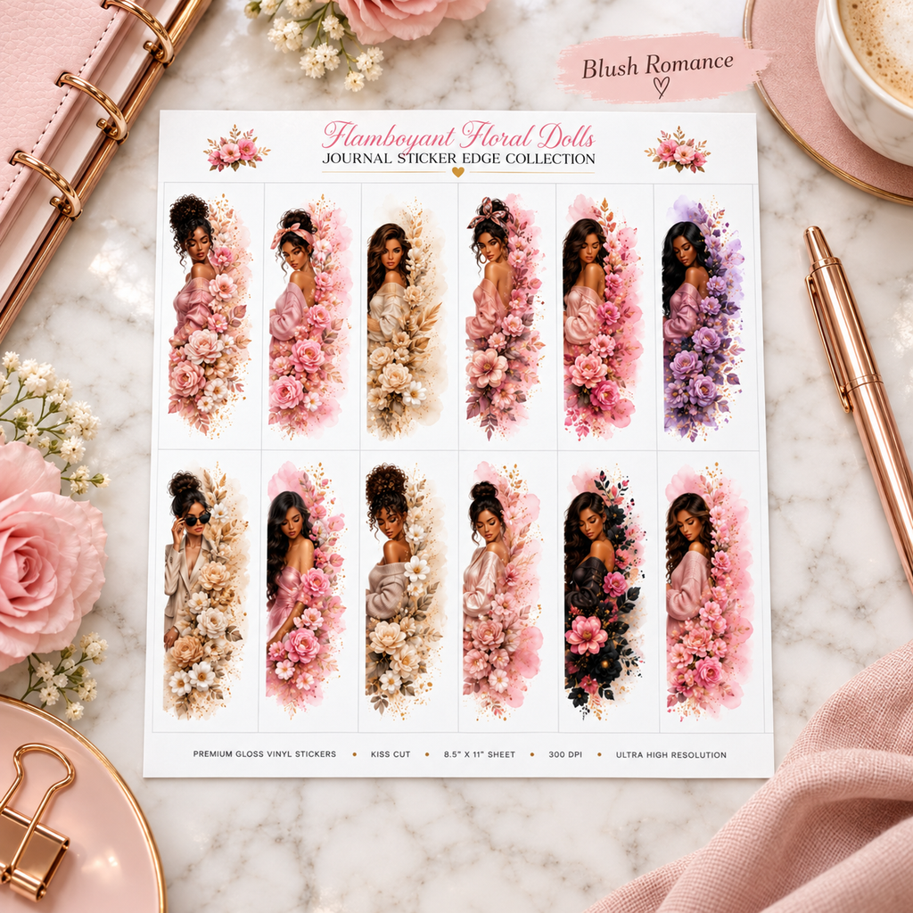 Blush Romance pink floral doll journal sticker sheet
