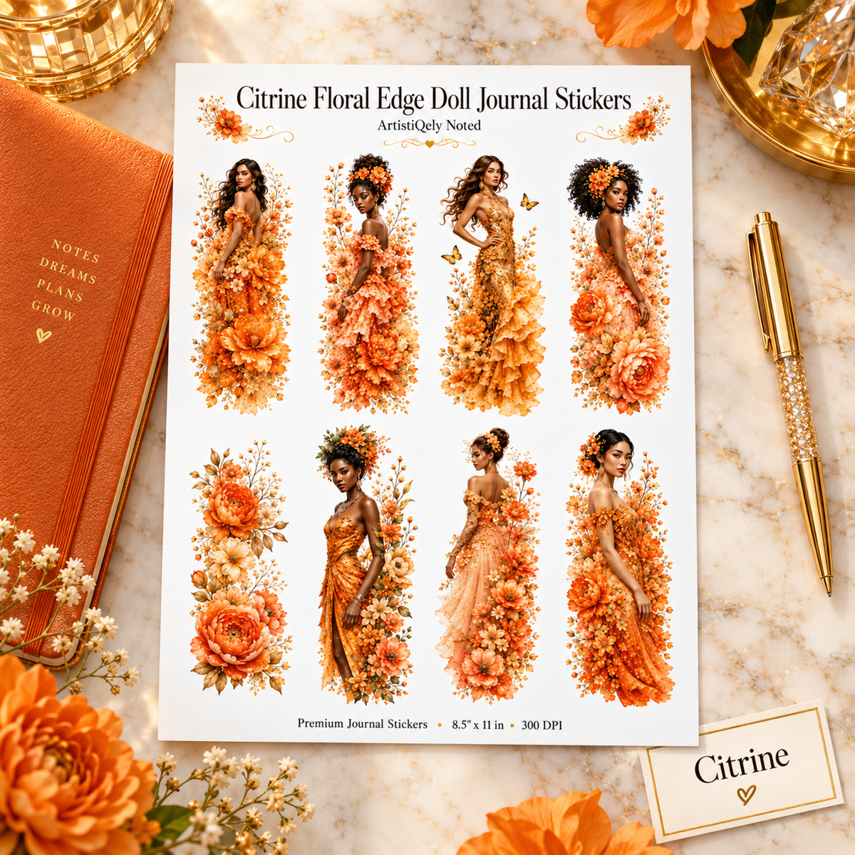 Citrine orange floral doll journal sticker sheet