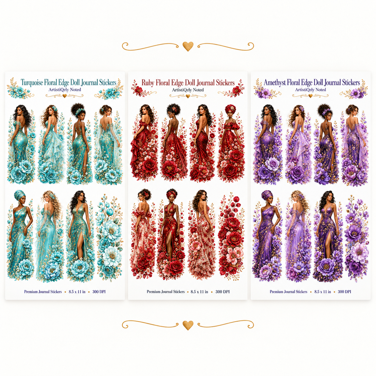 Turquoise Ruby and Amethyst floral doll sticker sheet close-up