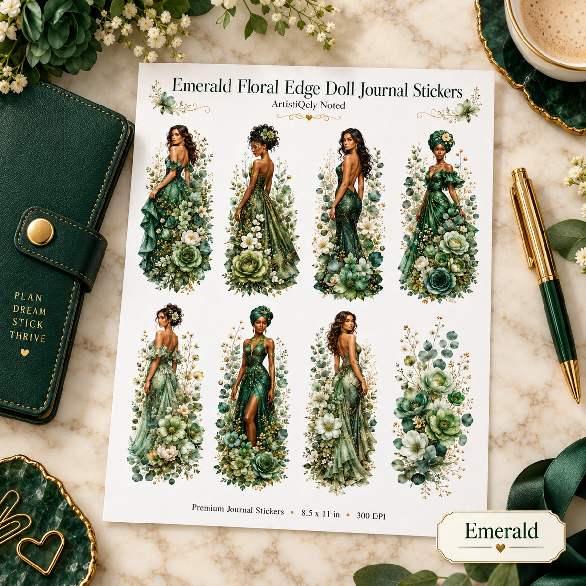 Emerald green floral doll journal sticker sheet