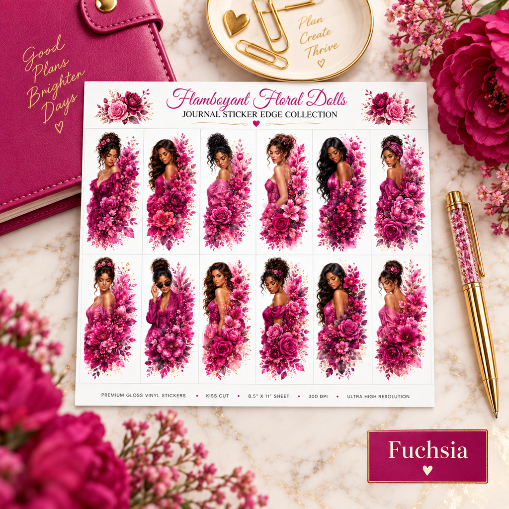 Fuchsia floral doll journal sticker sheet