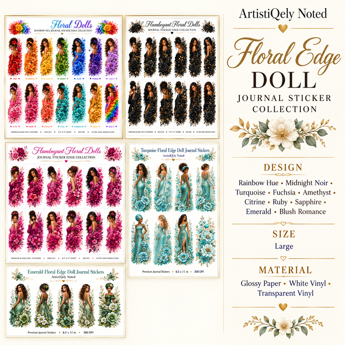 Floral Edge Doll sticker collection design size and material guide