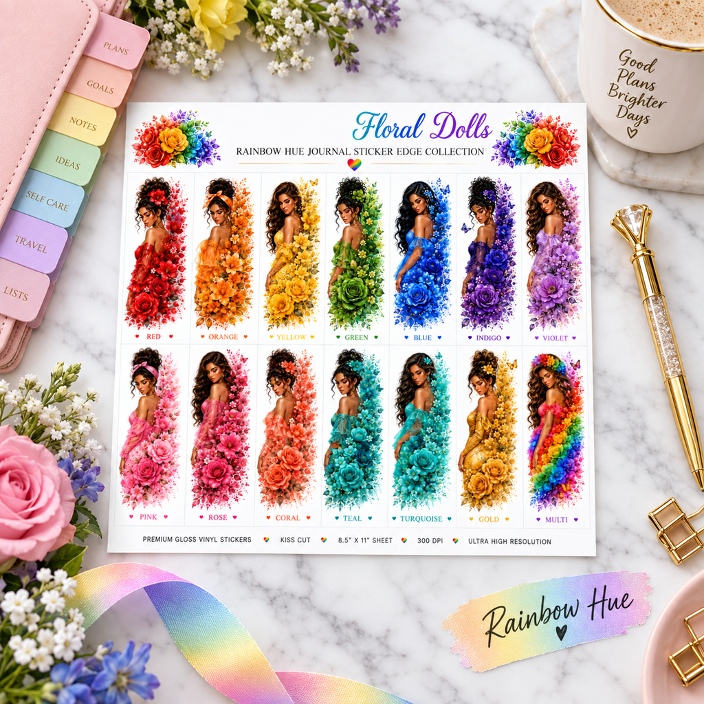 Rainbow Hue floral doll journal sticker sheet