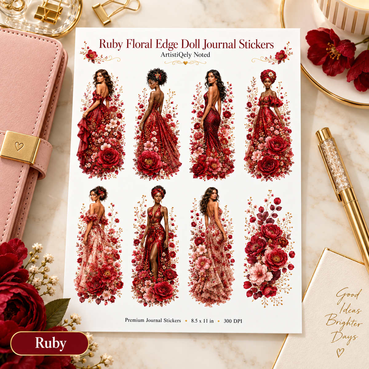 Ruby red floral doll journal sticker sheet