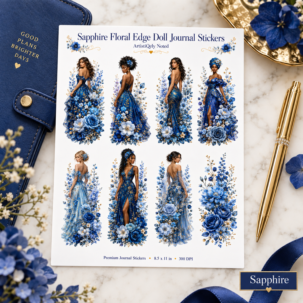 Sapphire blue floral doll journal sticker sheet