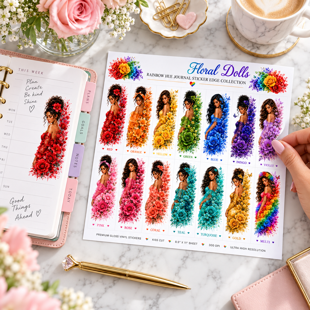 Rainbow Hue journal sticker sheet beside an open planner