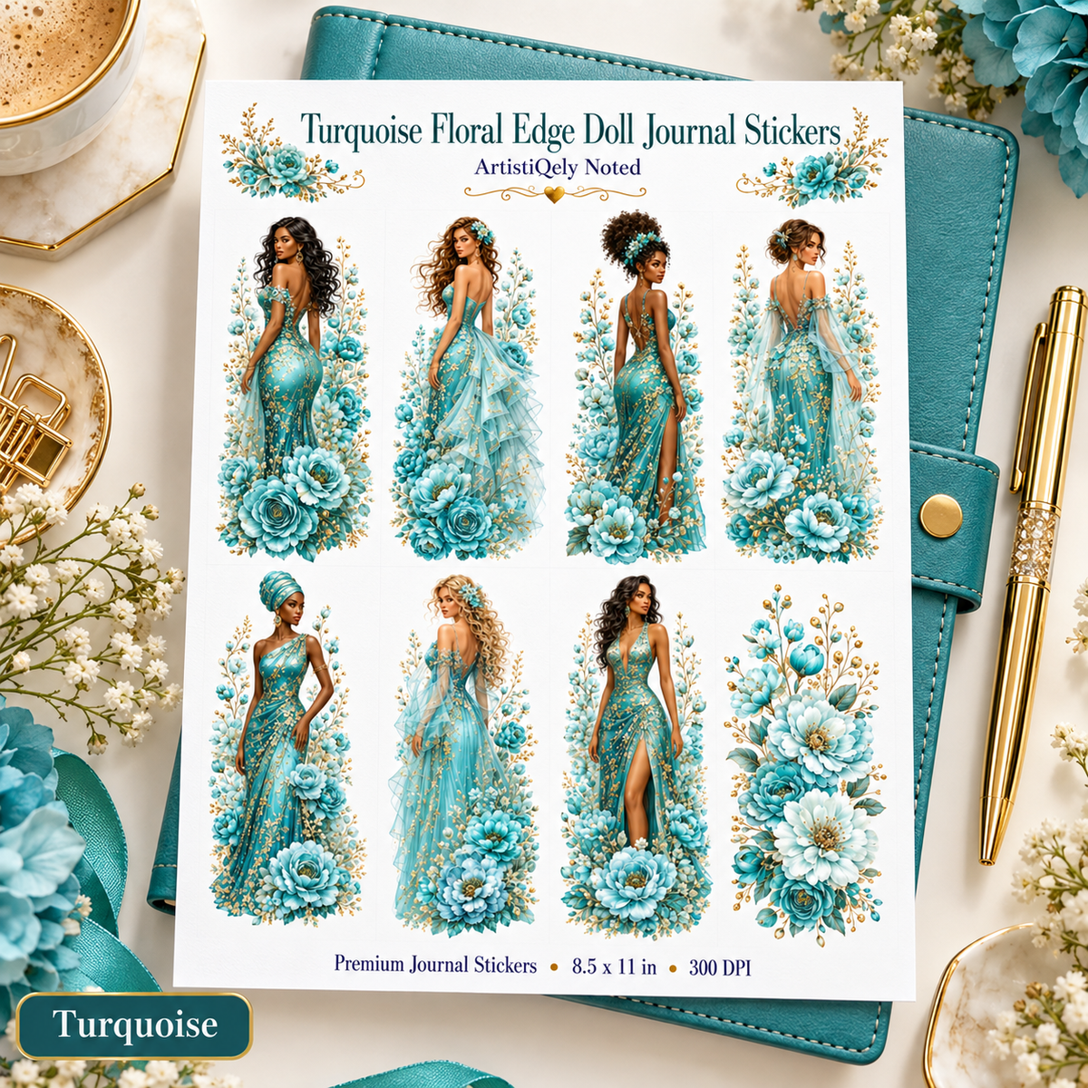 Turquoise floral edge doll journal sticker sheet