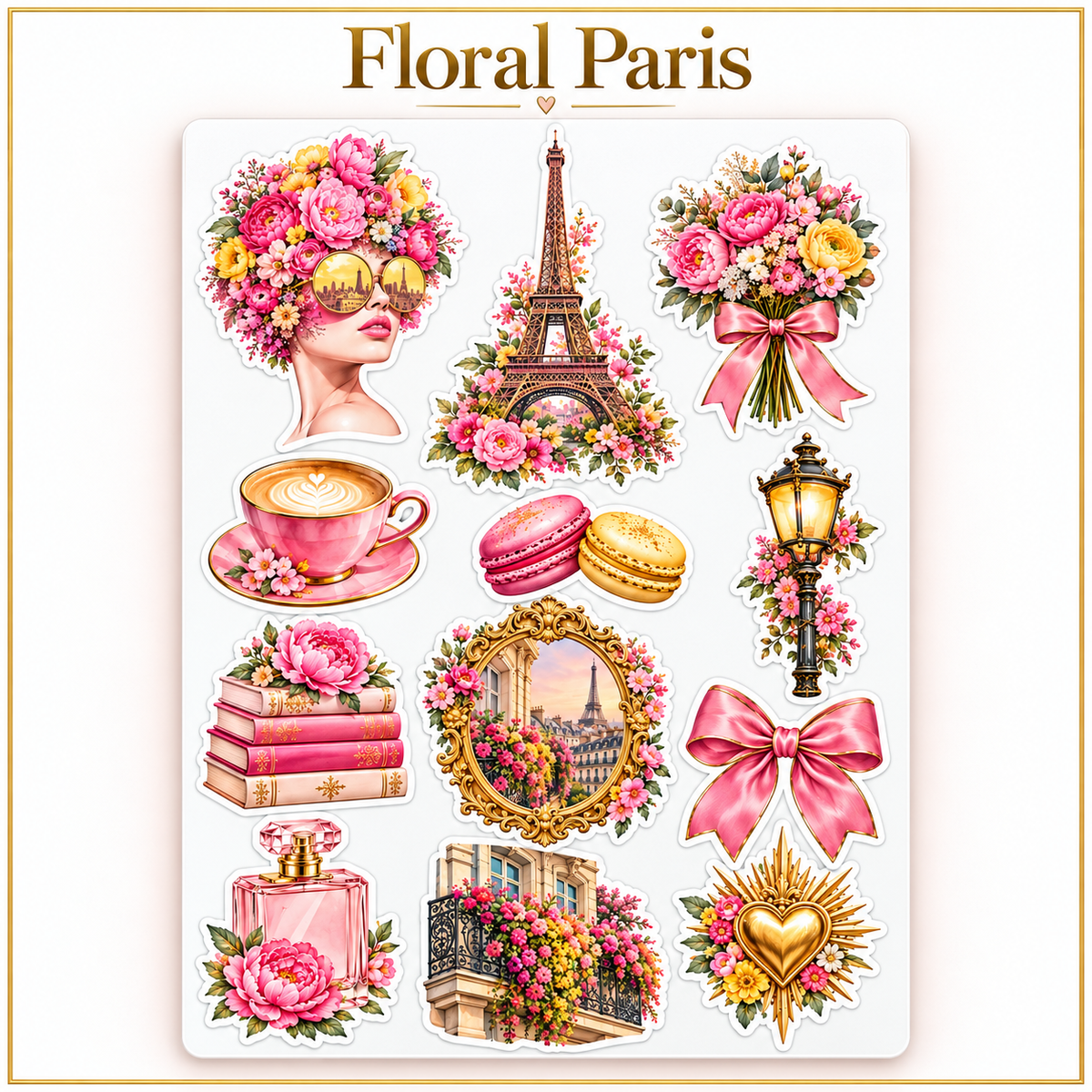 Floral Paris medium sticker sheet design with flowers, Eiffel Tower, coffee, books and gold accents