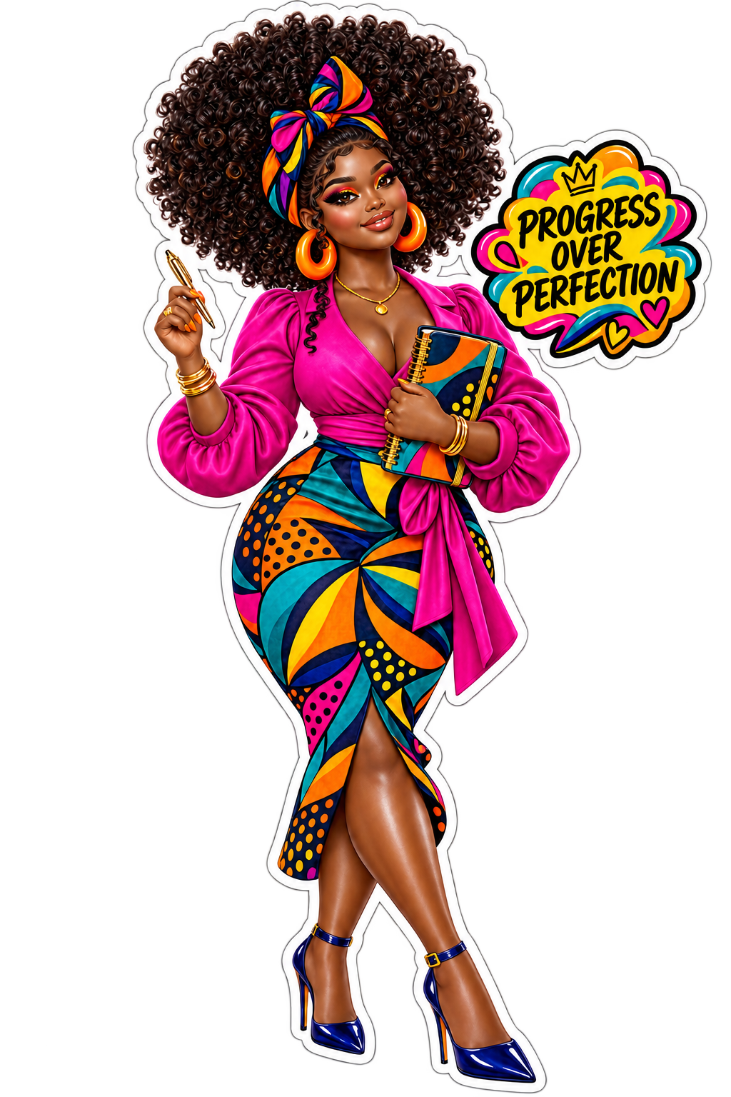 Progress Over Perfection individual die-cut journal doll sticker with white border