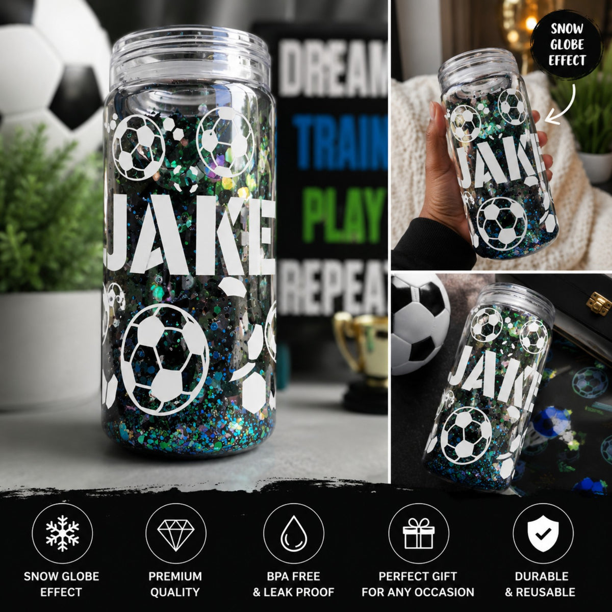 Custom football snow-globe tumbler with personalised name