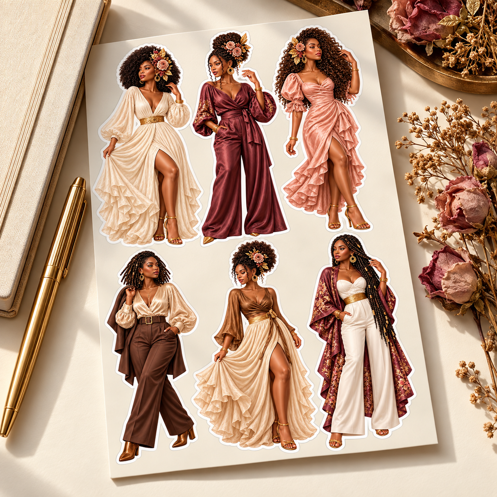 Fashion Dolls sticker sheet on an elegant desk