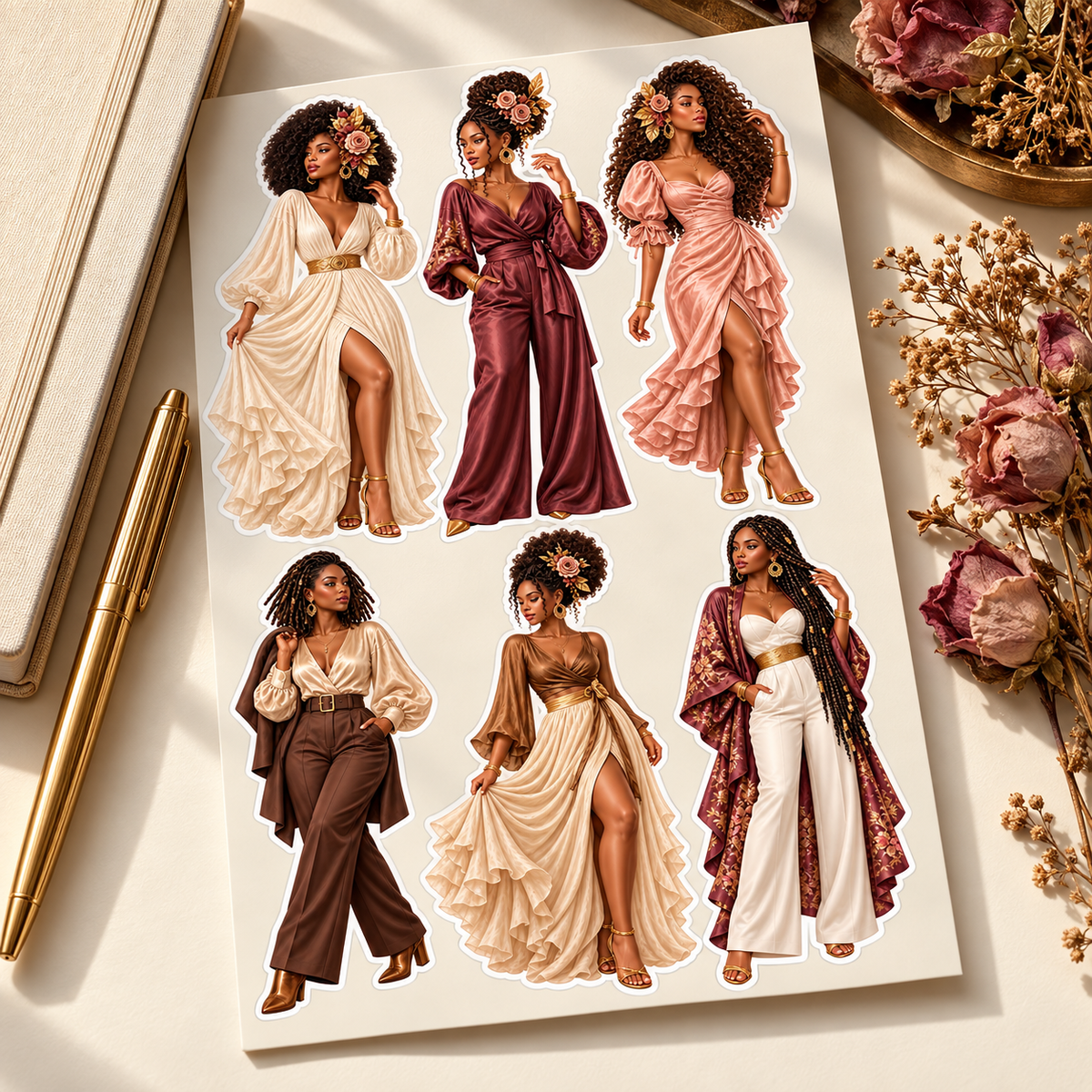 Fashion Dolls sticker sheet on an elegant desk