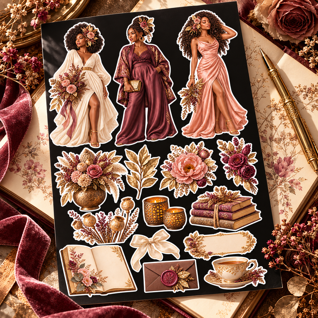 Gilded Earth Bloom Botanical Edit sticker sheet in a floral journal lifestyle scene
