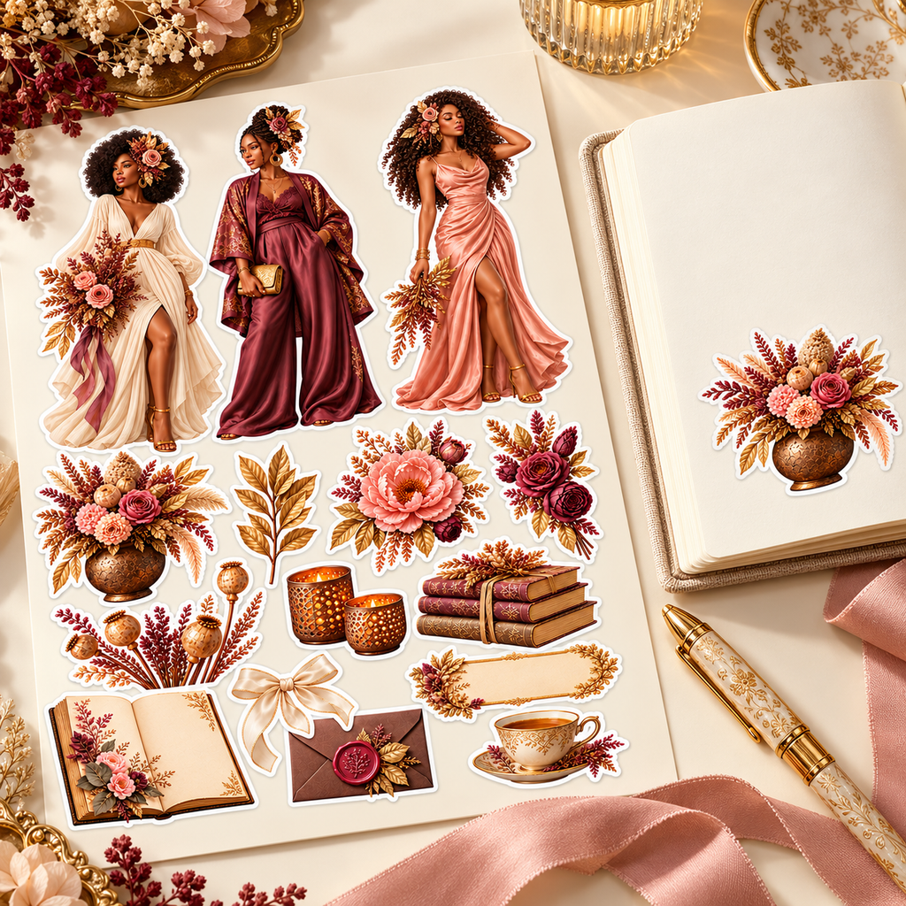 Botanical Edit sticker sheet beside a decorated planner