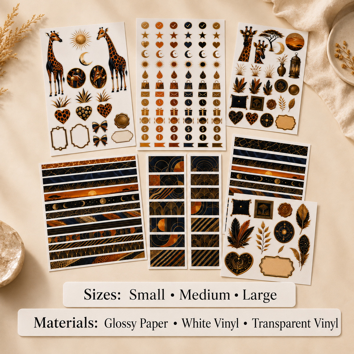 Gilded Savannah sticker set size and material options guide