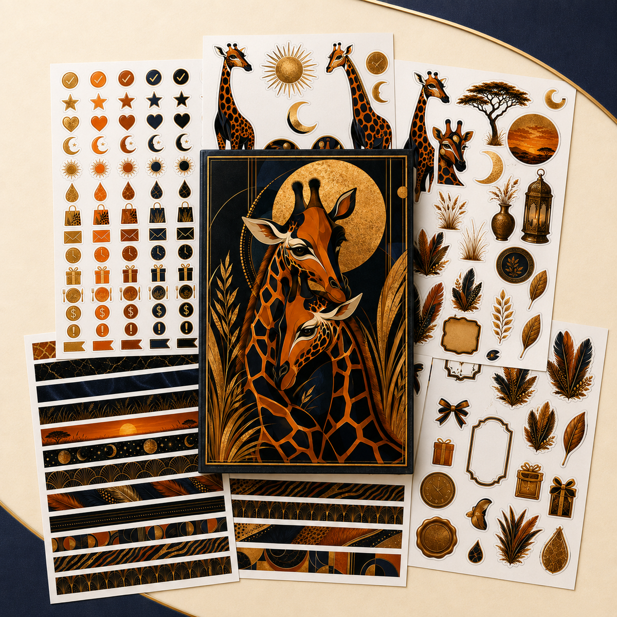 Gilded Savannah Nocturne physical sticker sheets in navy orange and gold
