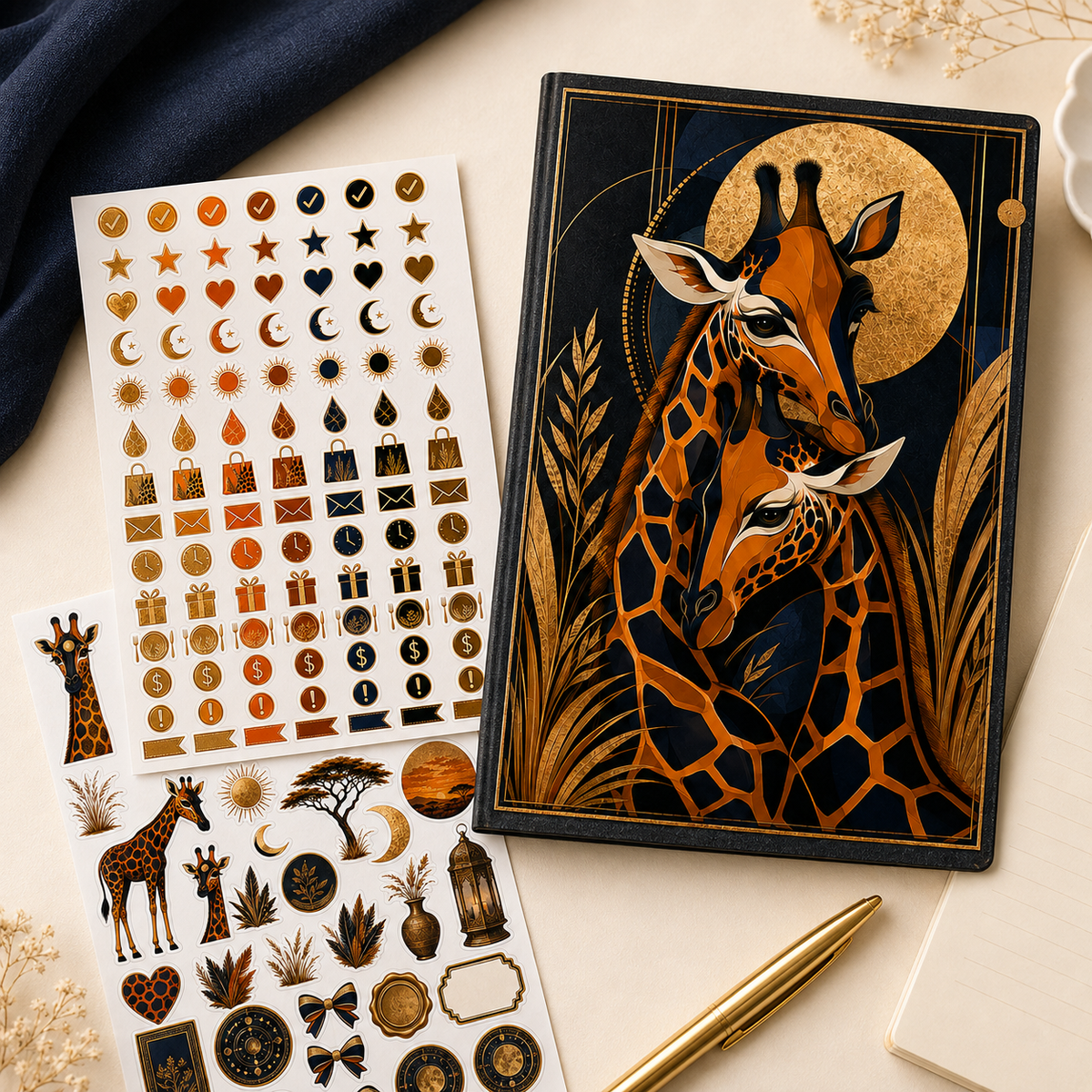 Gilded Savannah Nocturne giraffe sticker set styled with a coordinating journal