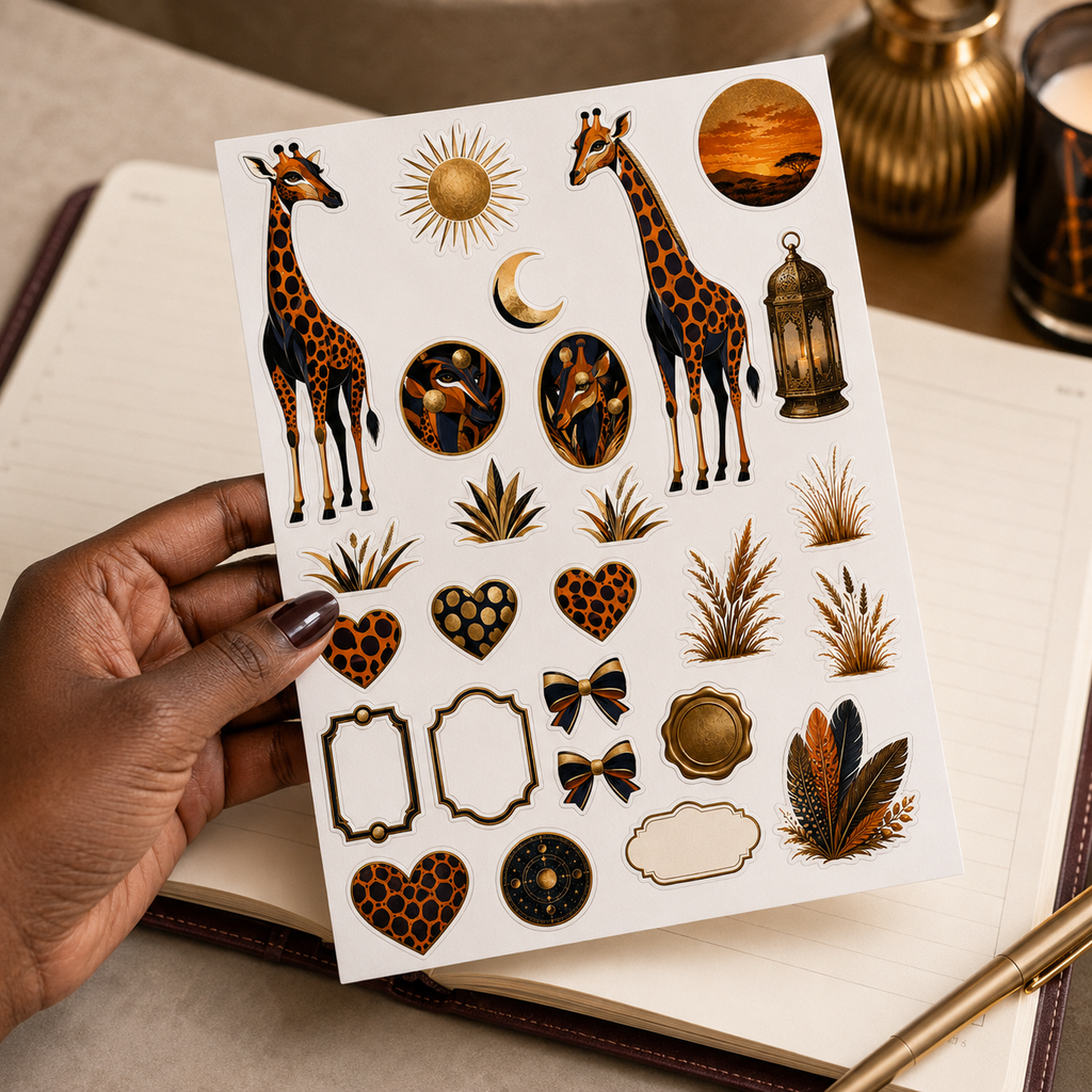 Gilded Savannah giraffe sticker sheet held above a journal