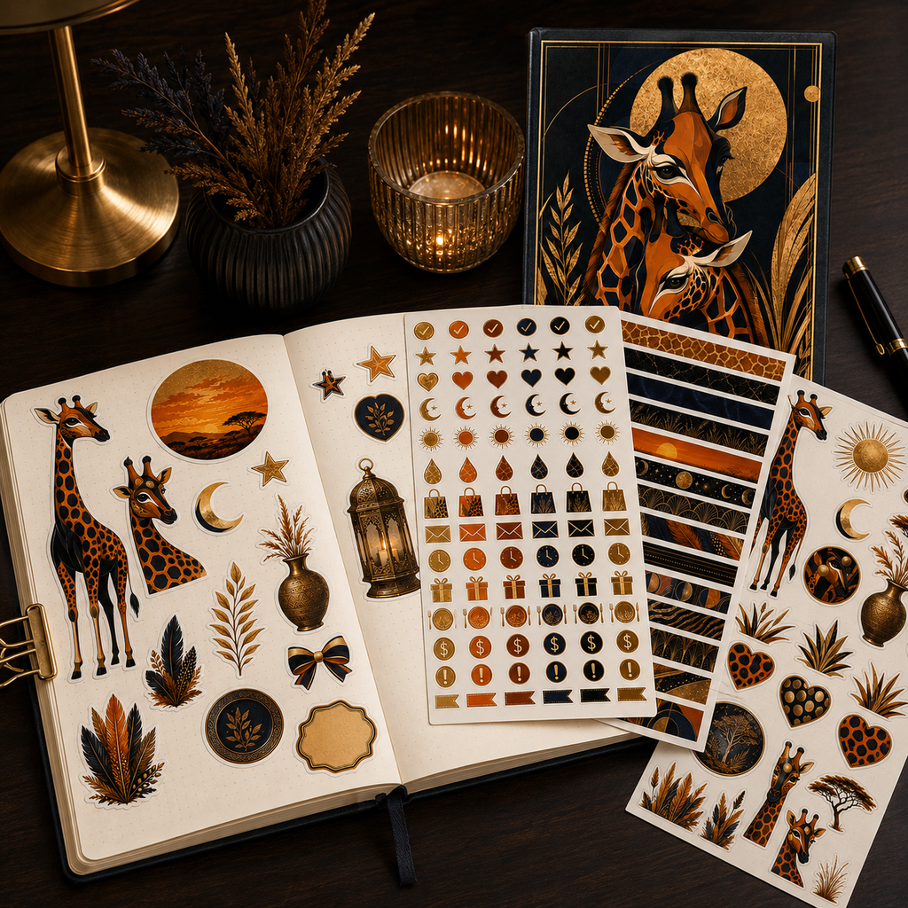 Gilded Savannah giraffe stickers decorating an open planner