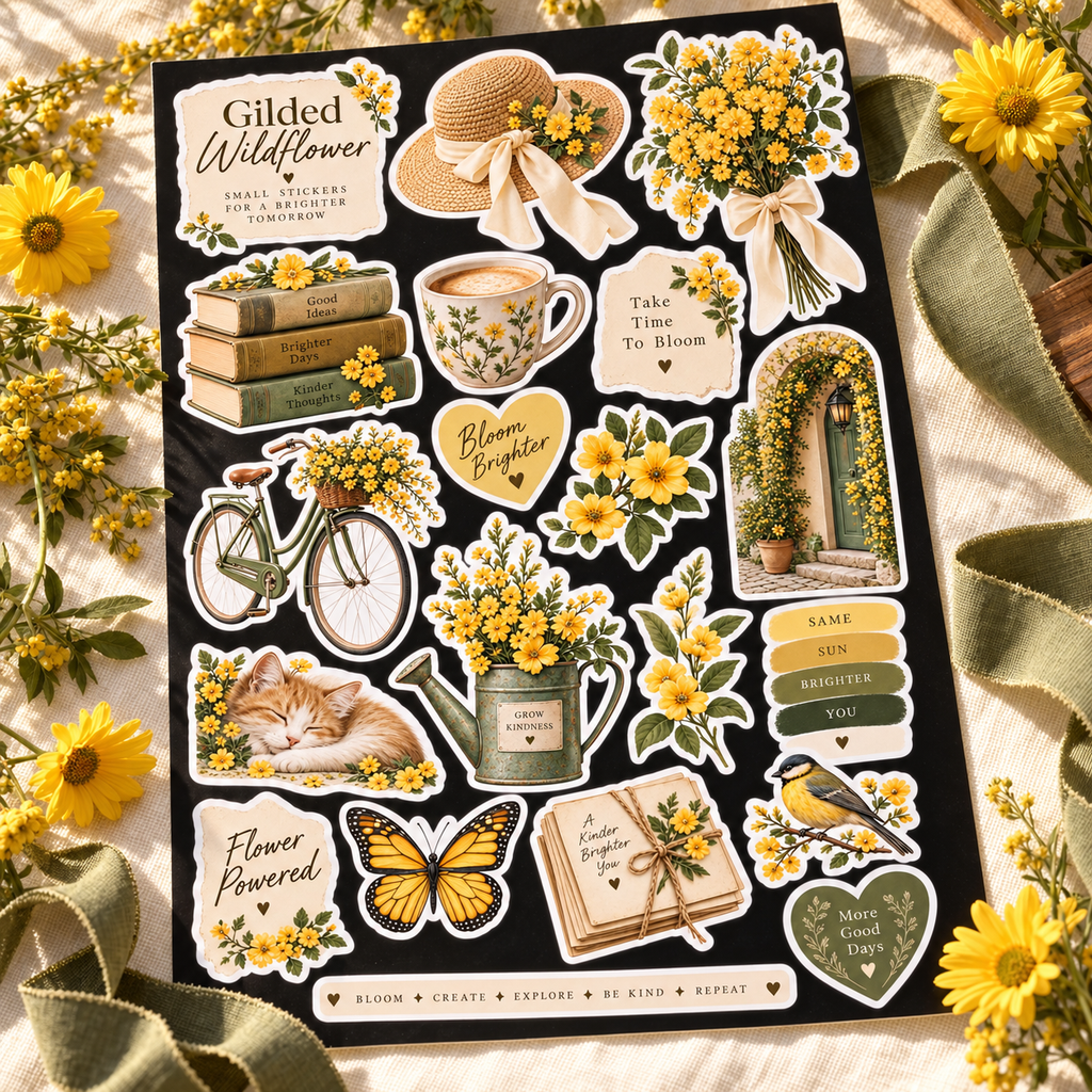 Gilded Wildflower sticker sheet close view showing yellow flowers and bookish designs