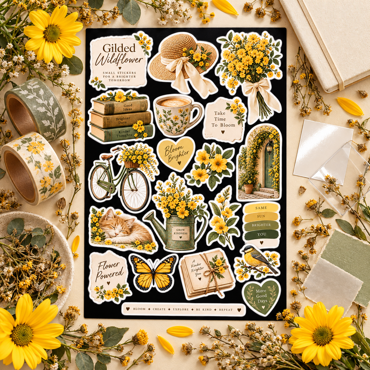 Gilded Wildflower sticker sheet with paper and vinyl material styling