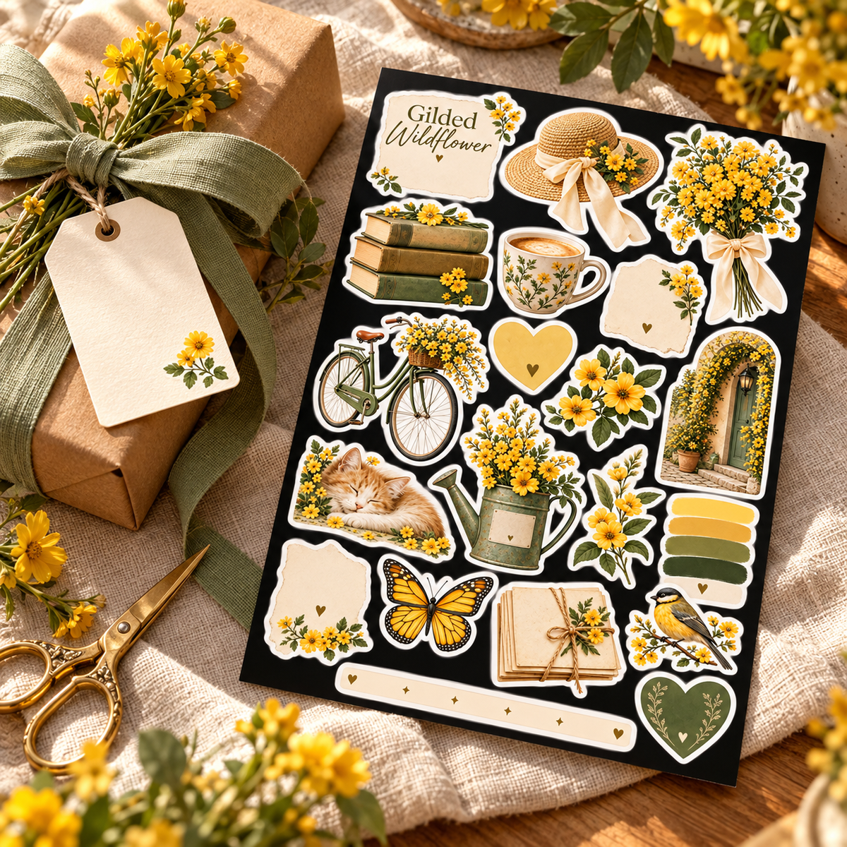 Gilded Wildflower sticker sheet in sage and yellow gift styling