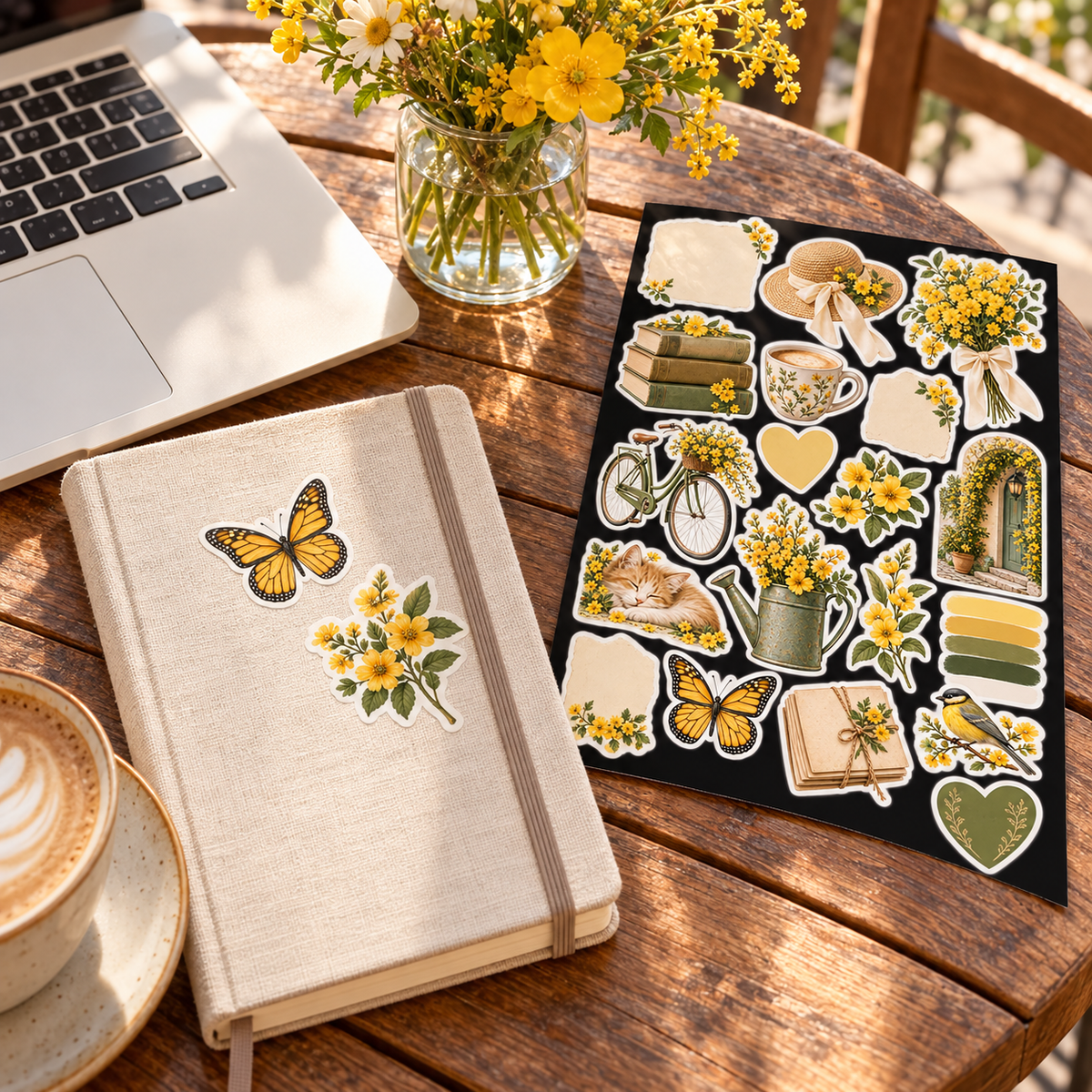 Gilded Wildflower sticker sheet beside a notebook and laptop