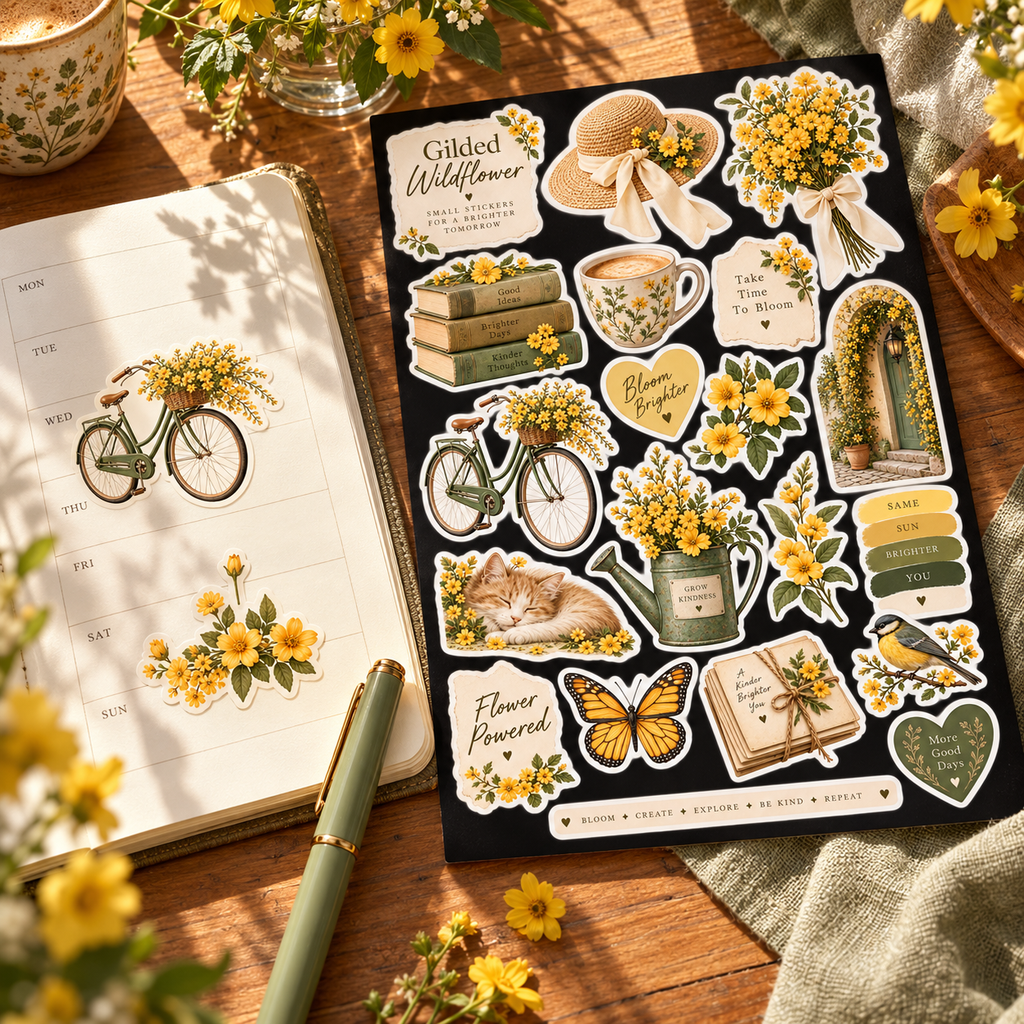 Gilded Wildflower stickers decorating a weekly planner