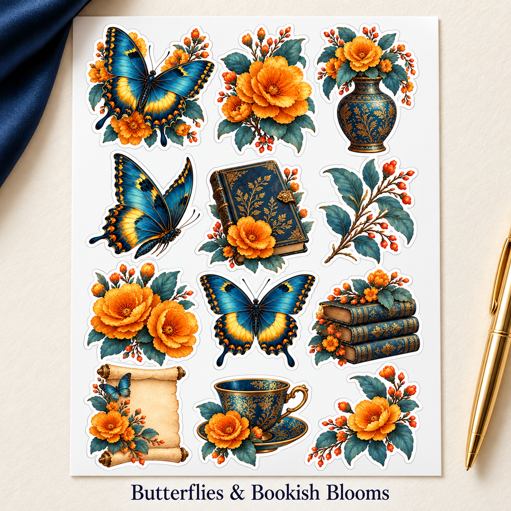 Butterflies & Bookish Blooms labelled sticker sheet displayed on an ivory desk with navy silk and a gold pen