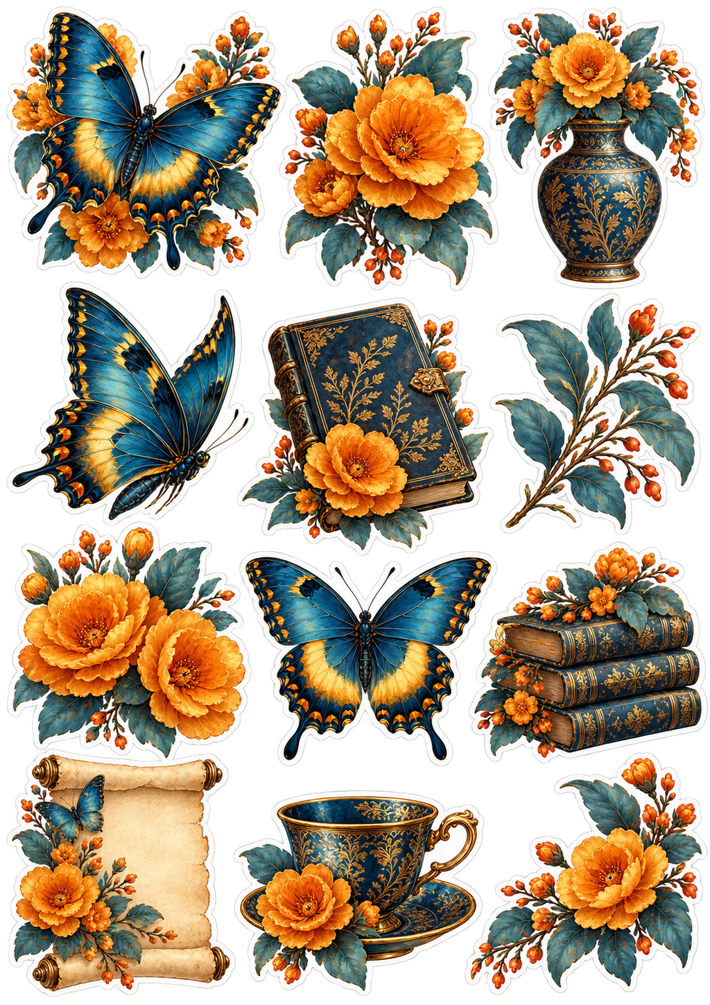 Butterflies & Bookish Blooms original printed sticker artwork in navy, amber and gold