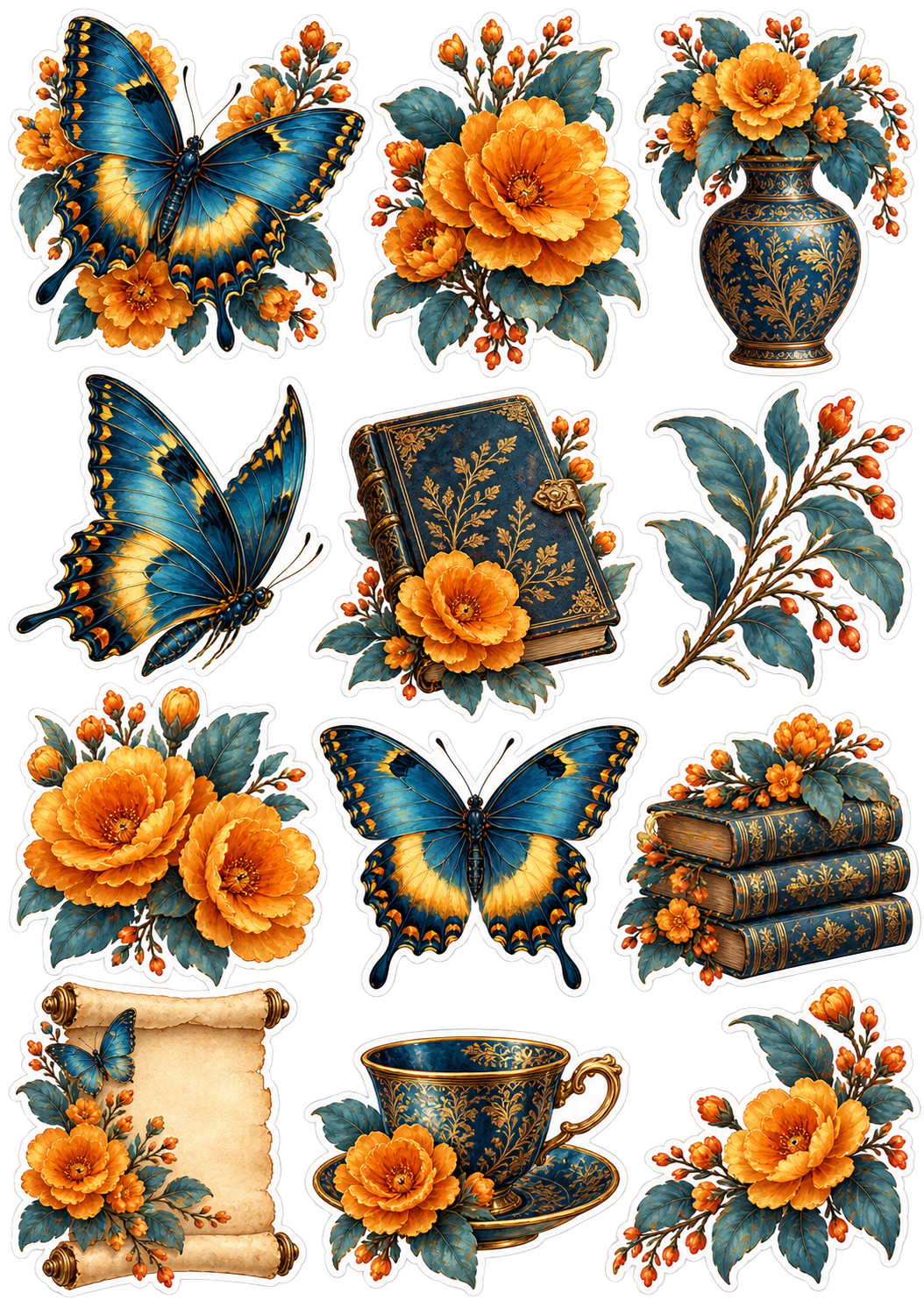 Butterflies & Bookish Blooms original printed sticker artwork in navy, amber and gold