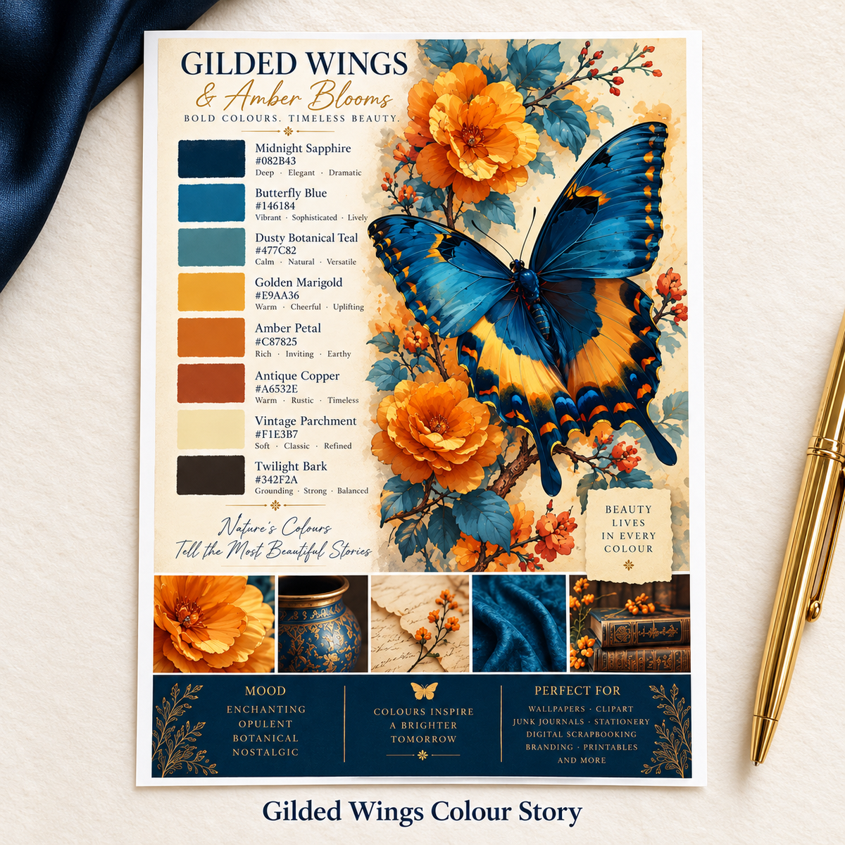 Gilded Wings Colour Story labelled sticker sheet displayed on an ivory desk with navy silk and a gold pen