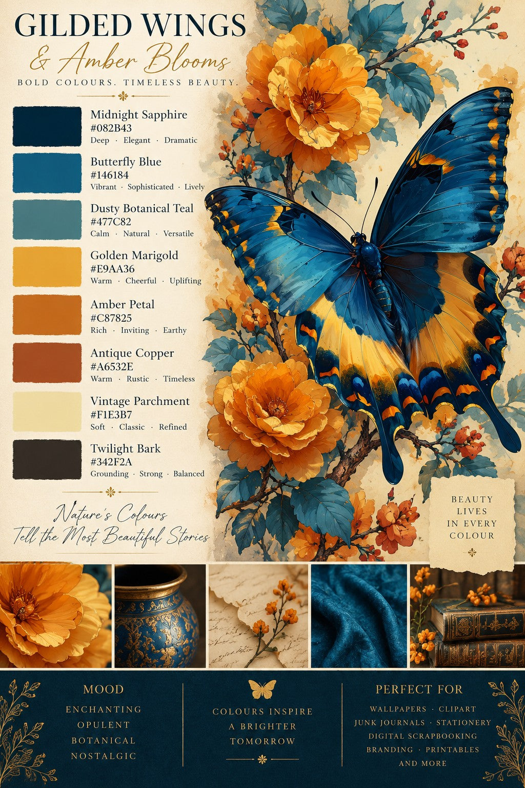 Gilded Wings Colour Story original printed sticker artwork in navy, amber and gold