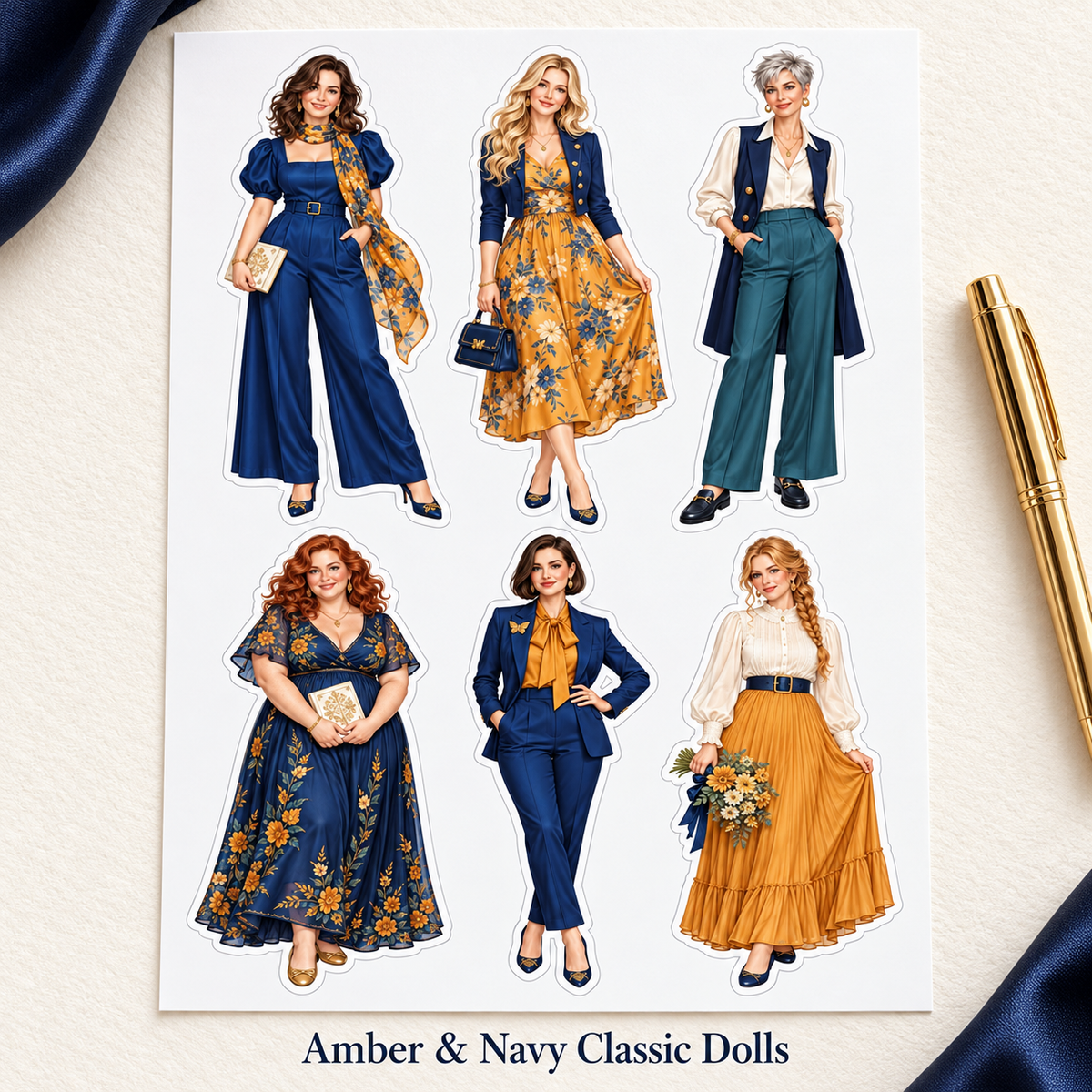 Amber & Navy Classic Dolls labelled sticker sheet displayed on an ivory desk with navy silk and a gold pen