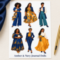 Amber & Navy Journal Dolls labelled sticker sheet displayed on an ivory desk with navy silk and a gold pen