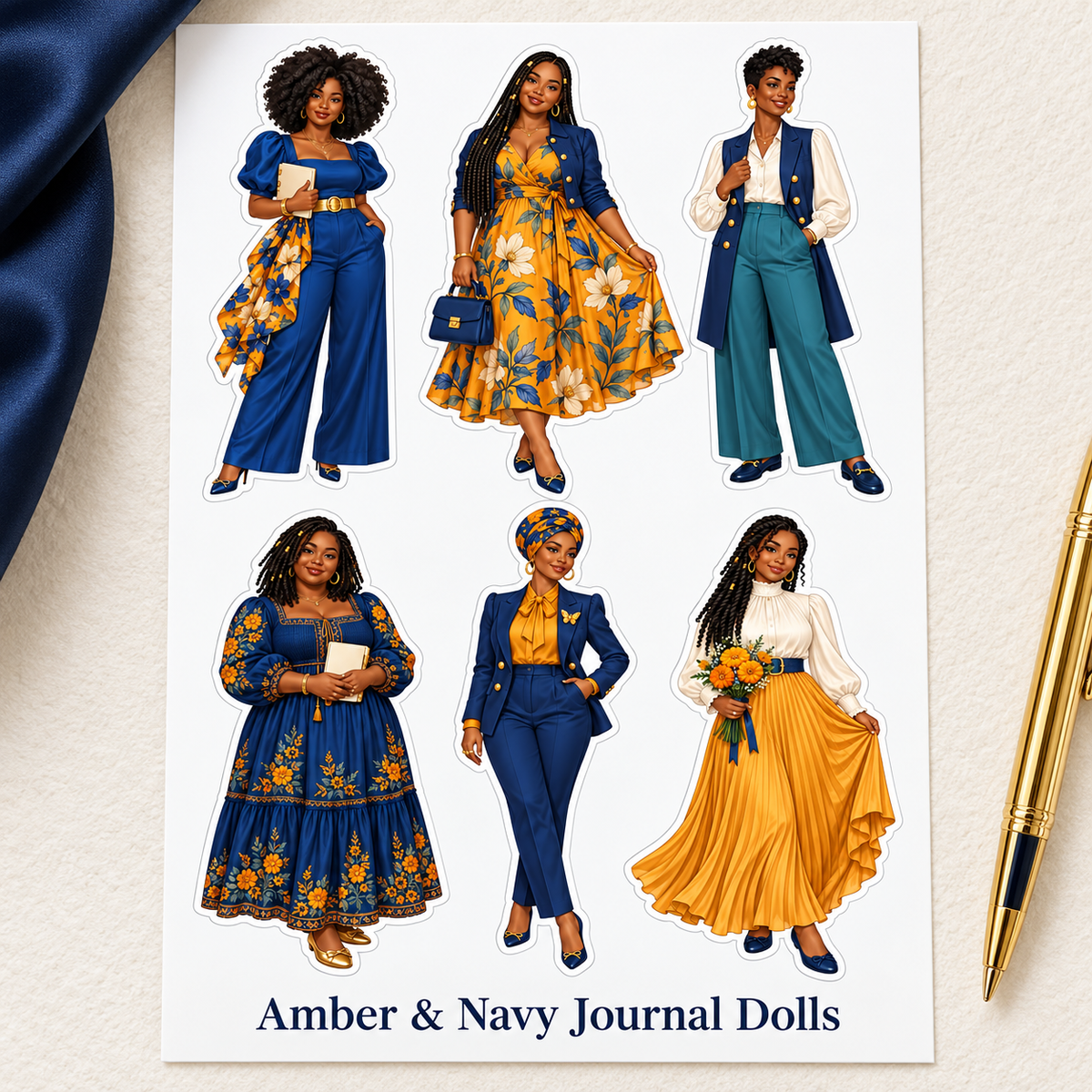 Amber & Navy Journal Dolls labelled sticker sheet displayed on an ivory desk with navy silk and a gold pen