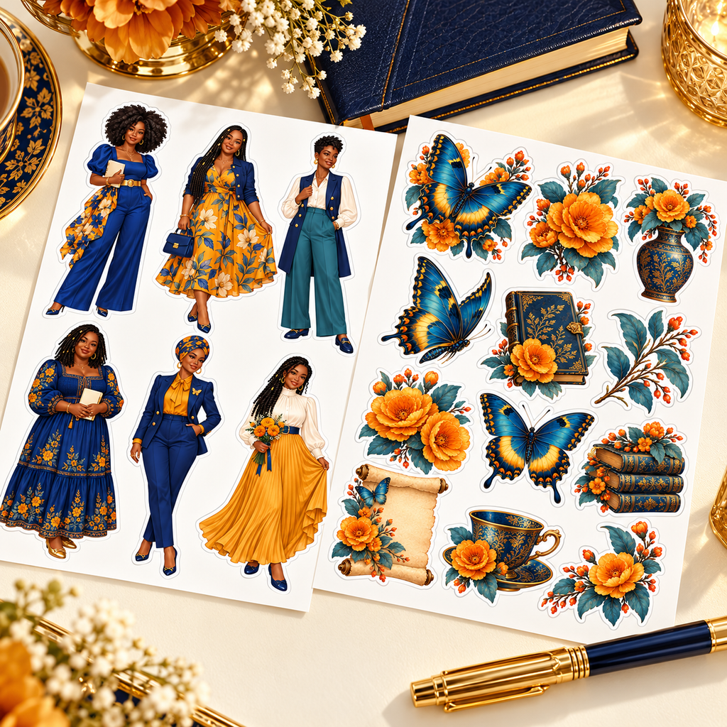Gilded Wings and Amber Blooms sticker sheets styled on a luxury navy and gold writing desk