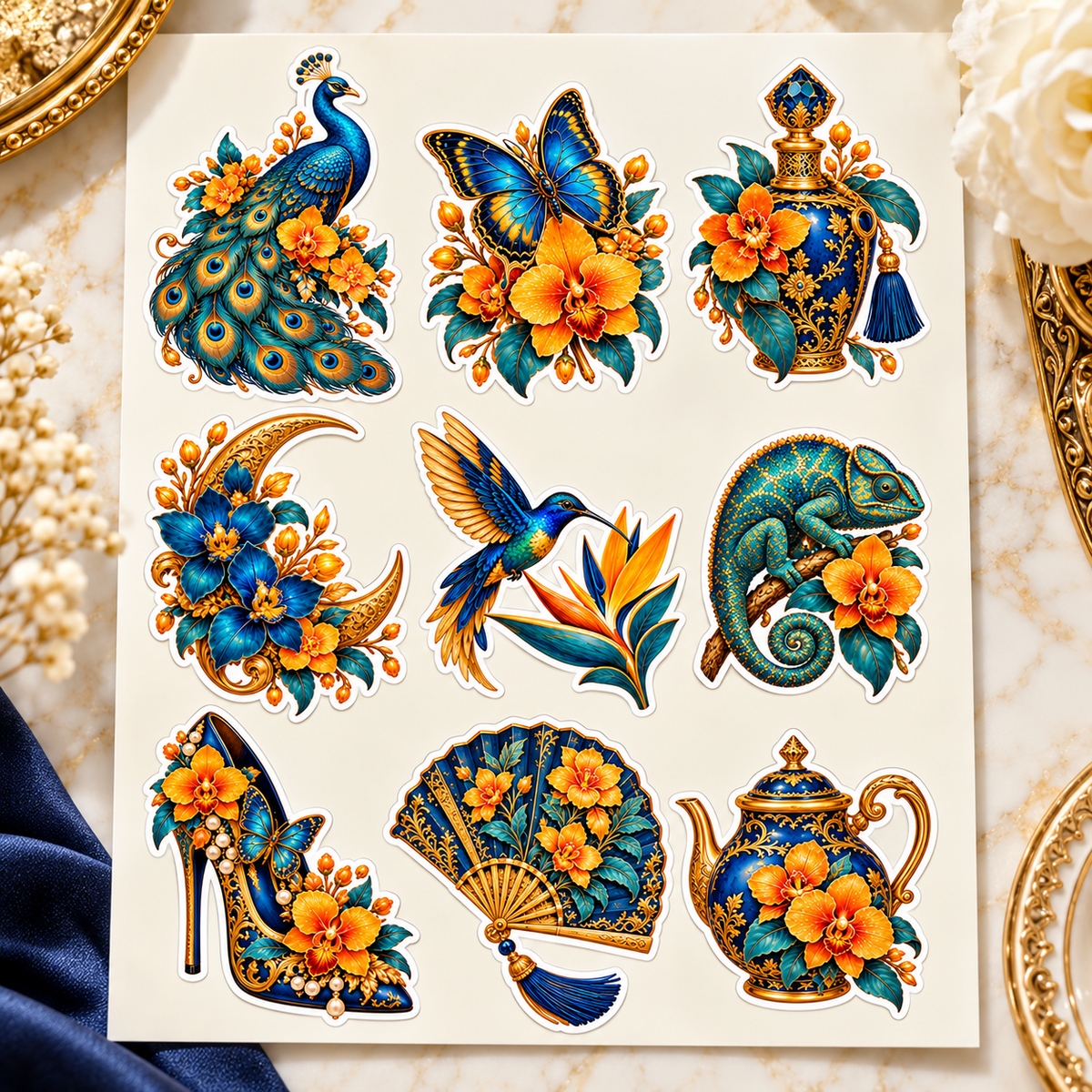 Peacock and Gilded Treasures sticker sheet close-up with amber flowers and navy illustrations