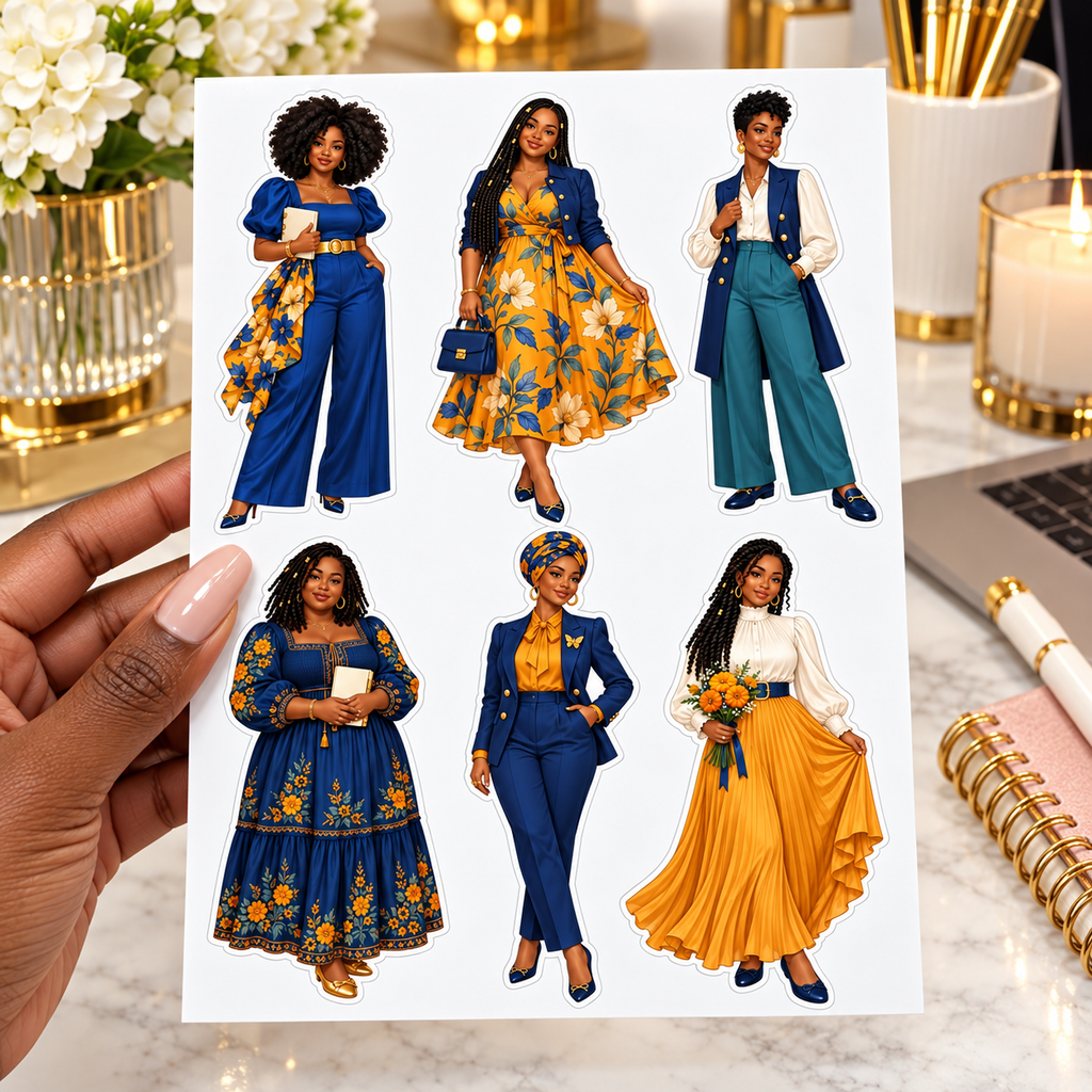 Amber and Navy Journal Dolls sticker sheet held above an elegant writing desk
