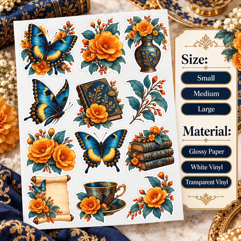Sticker size and material guide: Small, Medium, Large; Glossy Paper, White Vinyl, Transparent Vinyl