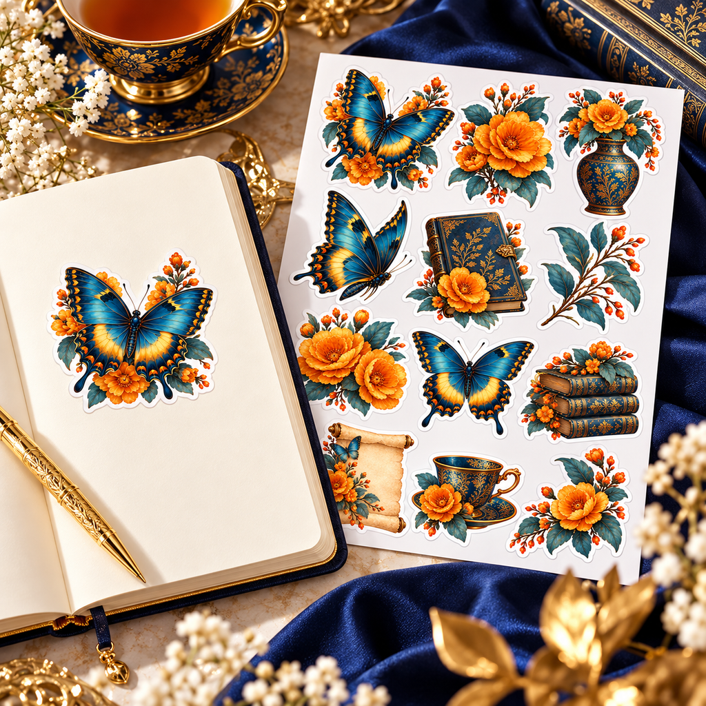 Butterflies and Bookish Blooms stickers decorating a journal in a navy and gold lifestyle scene