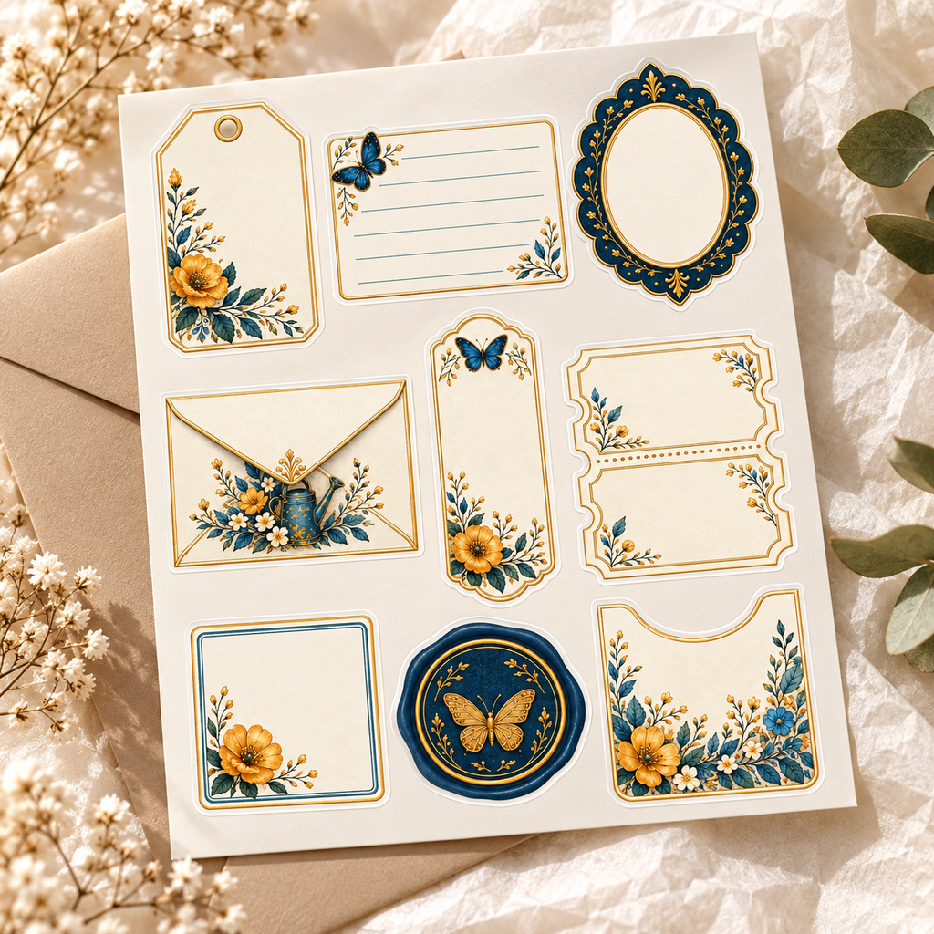 Botanical Labels and Frames sticker sheet styled with cream tissue and an envelope