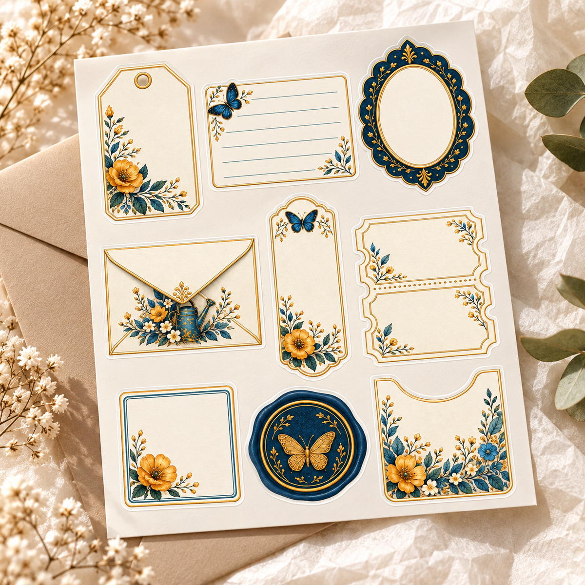 Botanical Labels and Frames sticker sheet styled with cream tissue and an envelope